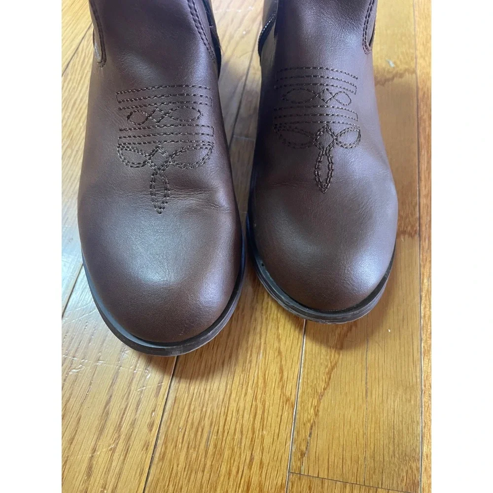 Brown Faux Leather Western Cowboy Boots Side Zip Decorative Stitch Size 2 Kids